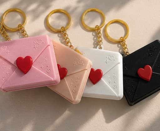 Variantes do chaveiro Carta Eterna em rosa, pessego, branco e preto